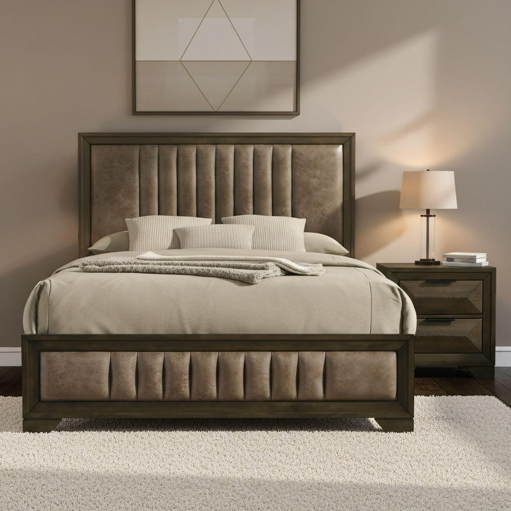 Kings Brand Furniture 2-Piece Boudin Walnut Bedroom Set – Wood Bed Frame with Upholstered Headboard and Footboard, 1 Nightstand (Queen)