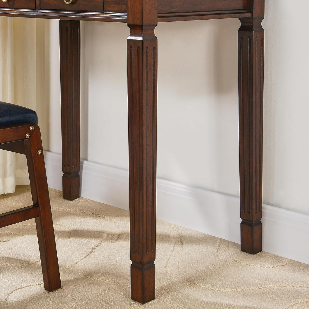 Biaco Small Wood Makeup Vanity Desk Set, Vintage Dressing Vanity Table Set with 2 Drawers & Matching Padded Bench Stool Writing Desk with Button Tufted Cushioned Stool, Cherry&Wine Red