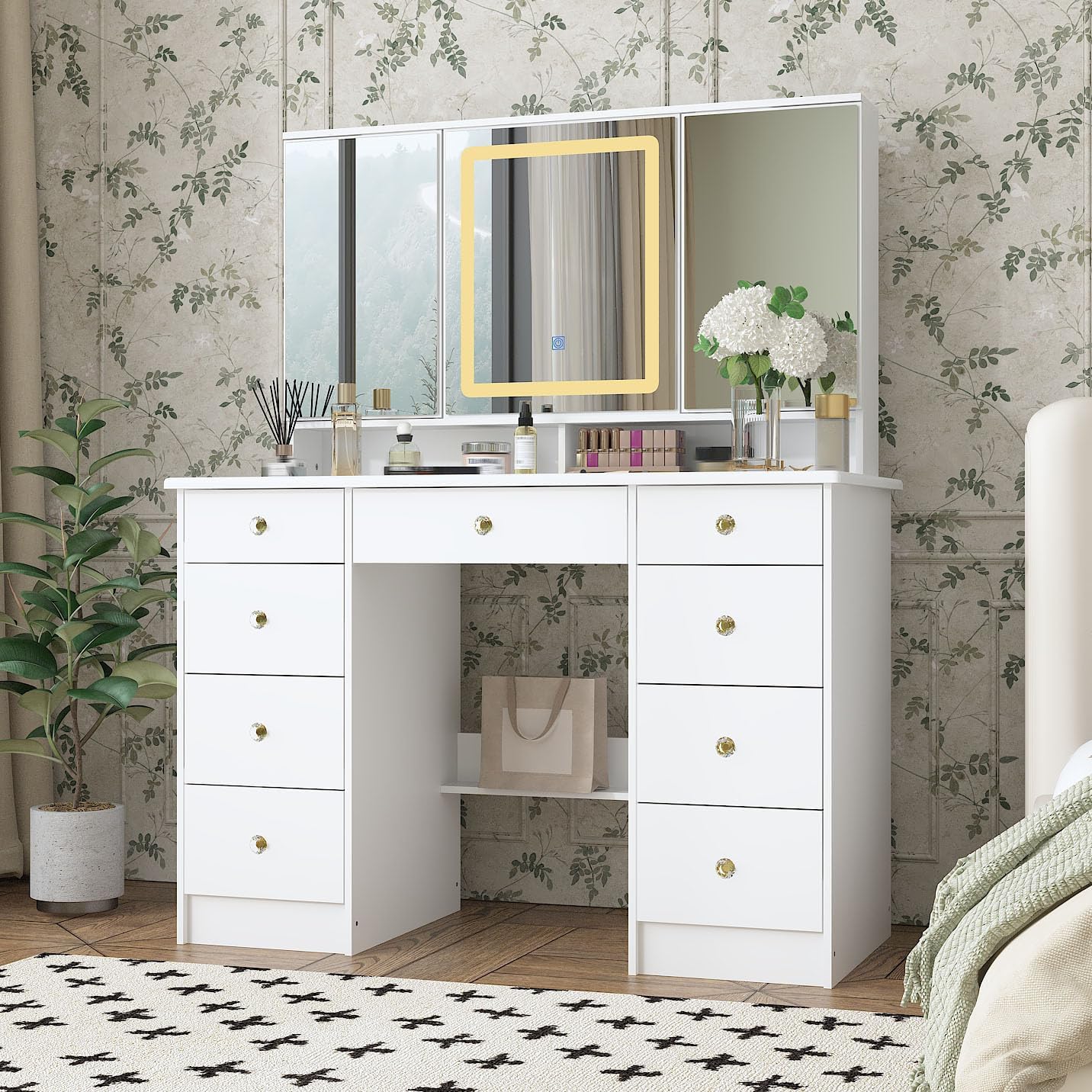 Timechee Vanity Mirror with Lights, Corner Vanity Desk with 9 Storage Drawers, 4 Large Shelves, 3 Color Lighting Options, Vanity Mirror Desk, Makeup Vanity Set for Bedroom, White