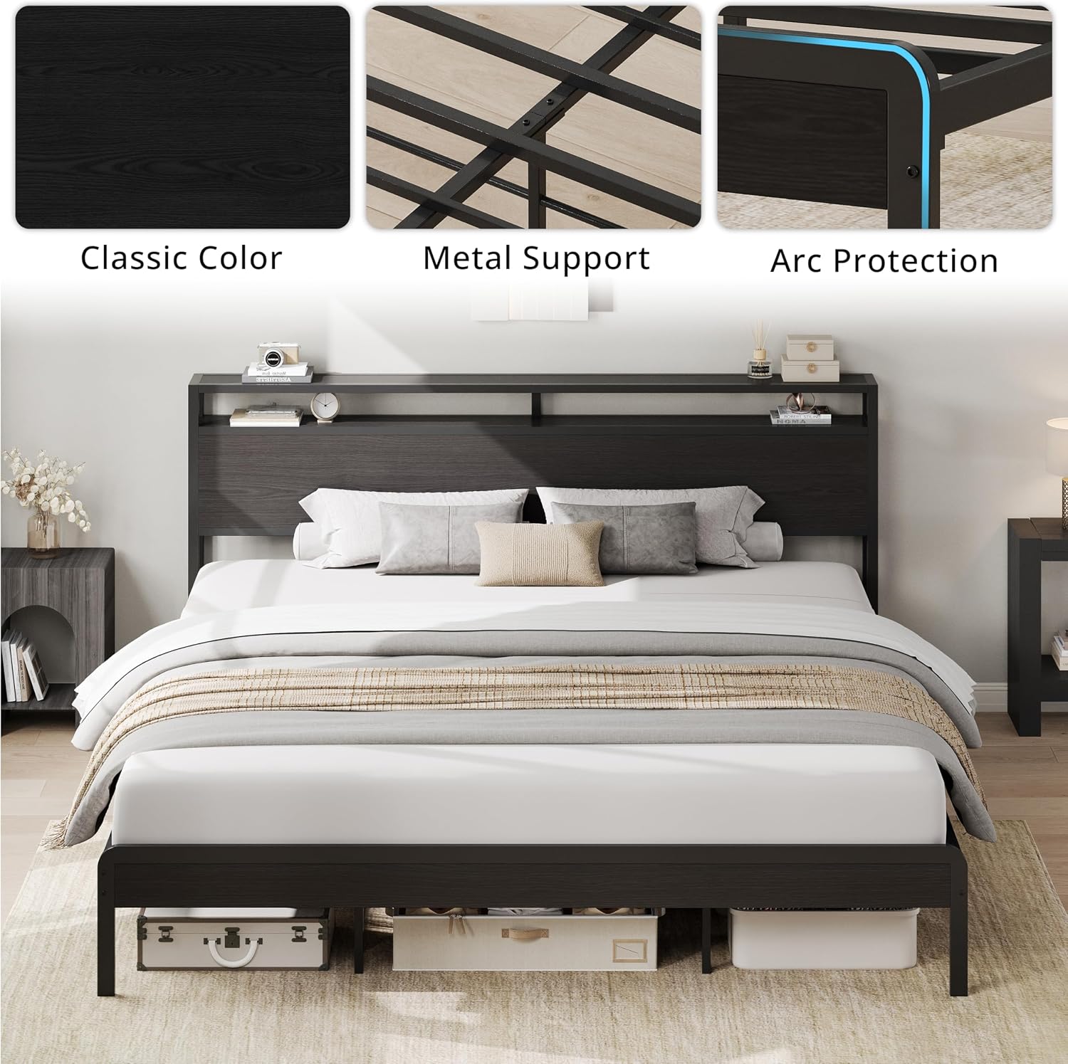LIKIMIO King Bed Frame with Headboard, Dark Wood Camas King with Strong Supports, Sturdy, Noise-Free, No Box Spring Needed, Classic Black