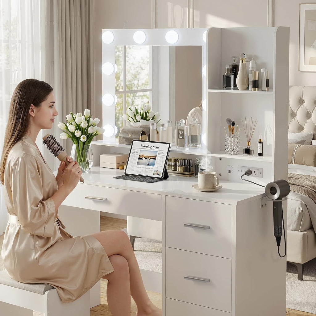YESHOMY 39' Vanity Desk with Mirror & Lights, Makeup Vanity Table with Power Outlet & Storage Drawers, 3 Color LED Lighting, Dressing Table for Bedroom,Snow White