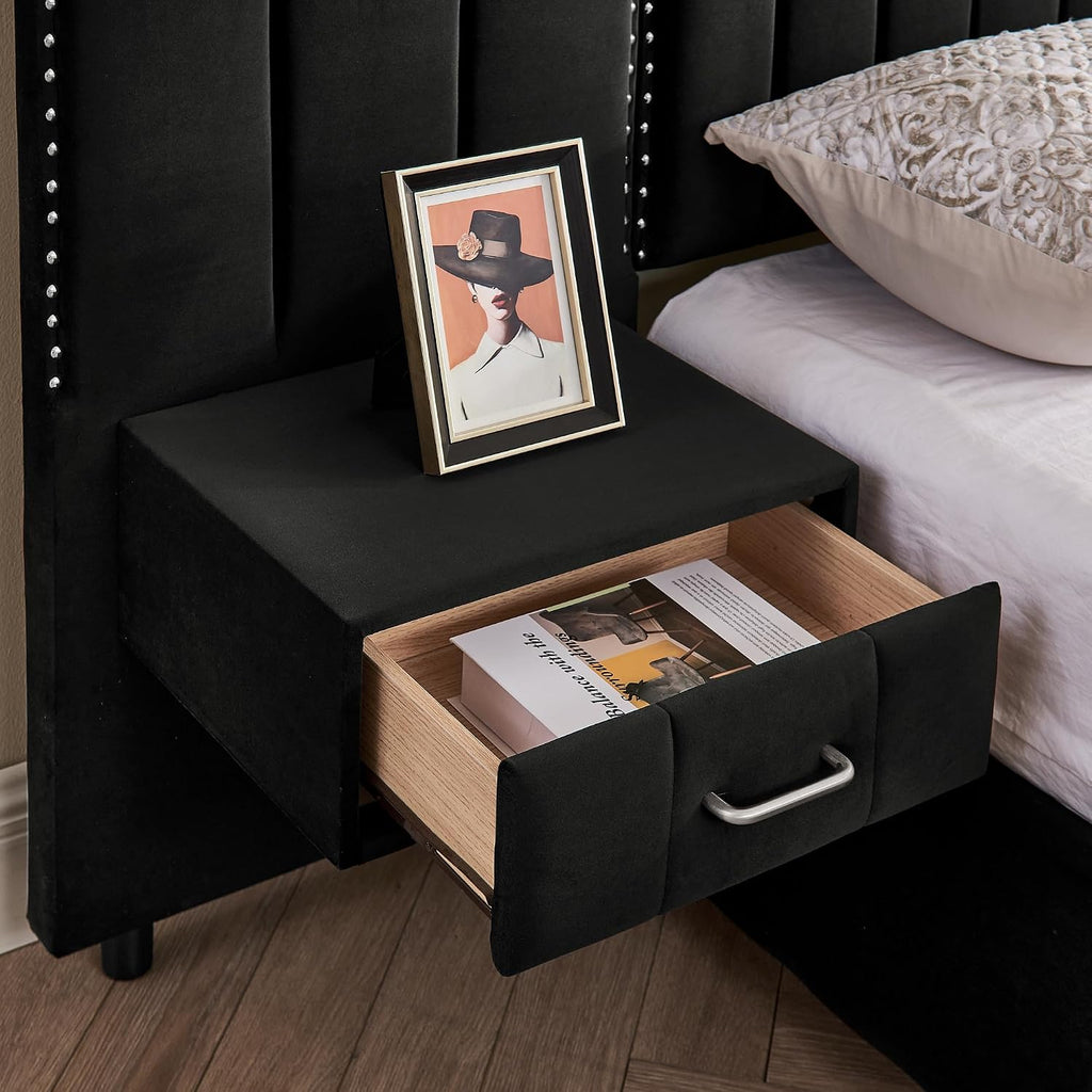 Velvet Upholstered King Size Platform Bed Frame with 48' Tall Headboard, Built-in Nightstands & Storage Drawers, No Box Spring Needed, Modern Black Bedroom Furniture Set (Black, King)