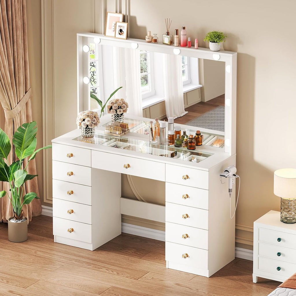 Vanity Desk with Large Mirror and 10 LED Lights, Glassstop Makeup Vanity Desk with 11 Drawers & Power Outlet & Hair Dryer Stand, Dressing Table with Crystal Handles for Girls, Women (White)