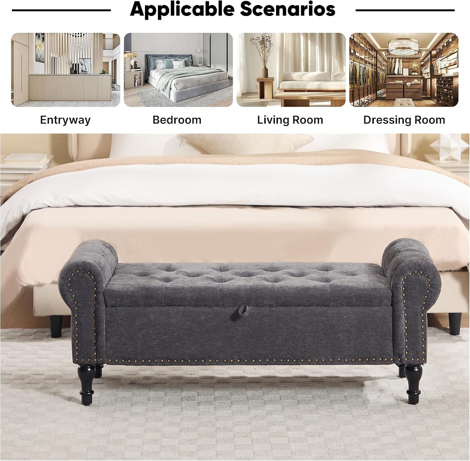 51' Storage Bench for Bedroom, Chenille End of Bed Bench, Queen Size Bench with Rolled Arms, Tufted Storage Ottoman Benches, Upholstered Bench for Bedroom, Living Room, Entryway, Dark Grey