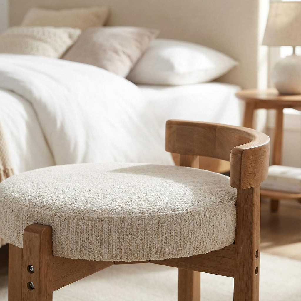 HNY Modern Chenille Vanity Chairs & Ottoman Set of 2 Upholstered Round Seat with Solid Wood Legs, for Makeup Dressing, Living Room Footrest or Piano Bench, Beige
