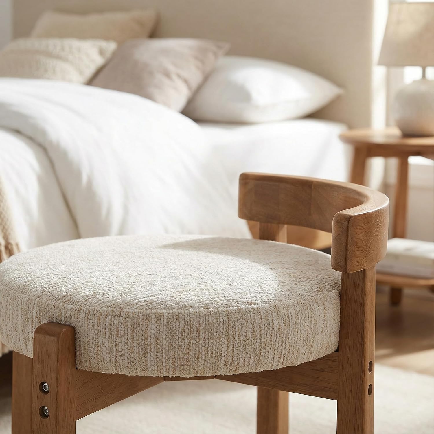 HNY Modern Chenille Vanity Chair & Ottoman: Upholstered Round Seat with Solid Wood Legs, for Makeup Dressing, Living Room Footrest or Piano Bench, Beige