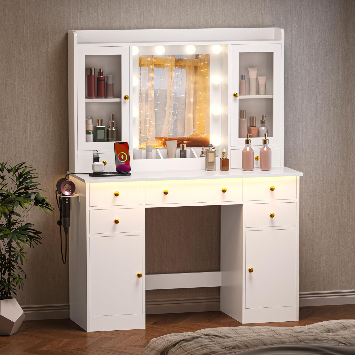 HUANLEGO Vanity Desk with Mirror and Lights, White Makeup Vanity Mirror with Lights & Power Outlet and 7 Drawers, 2 Cabinet, 3 Color Modes Adjustable, Dressing Table Set for Girls Women
