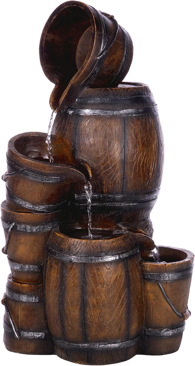 Alpine Corporation ZEN409S Outdoor Rustic 4-Tiered Barrels and Buckets Water Floor Fountain - Farmhouse Style, 24 Inch Tall, Brown