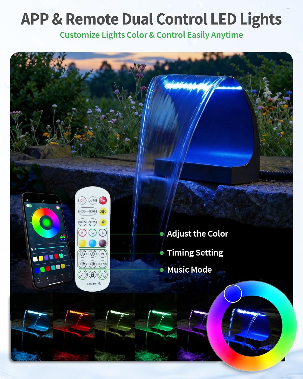POPOSOAP Pond Waterfall Spillway with LED Lights & 1600GPH Pond Pump, 12Inch Pond Spillway Kit for Garden Ponds, Outdoor Water Feature with App & Remote Control for Backyard Landscape Decoration-P43C