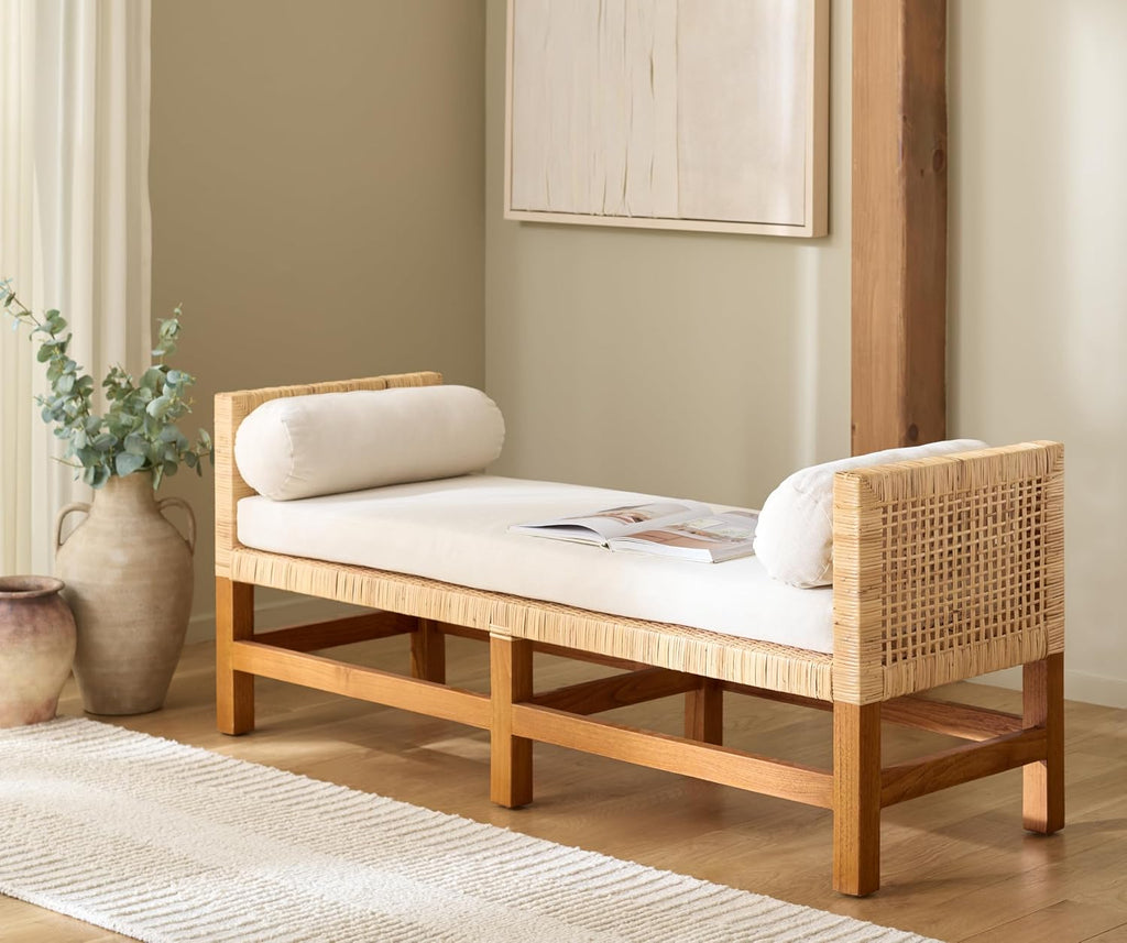 SAFAVIEH Couture Collection - Chrysene Natural Solid Teak Wood Bench, Coastal Modern Style with Cushions, Fully Assembled (CWK3018A)