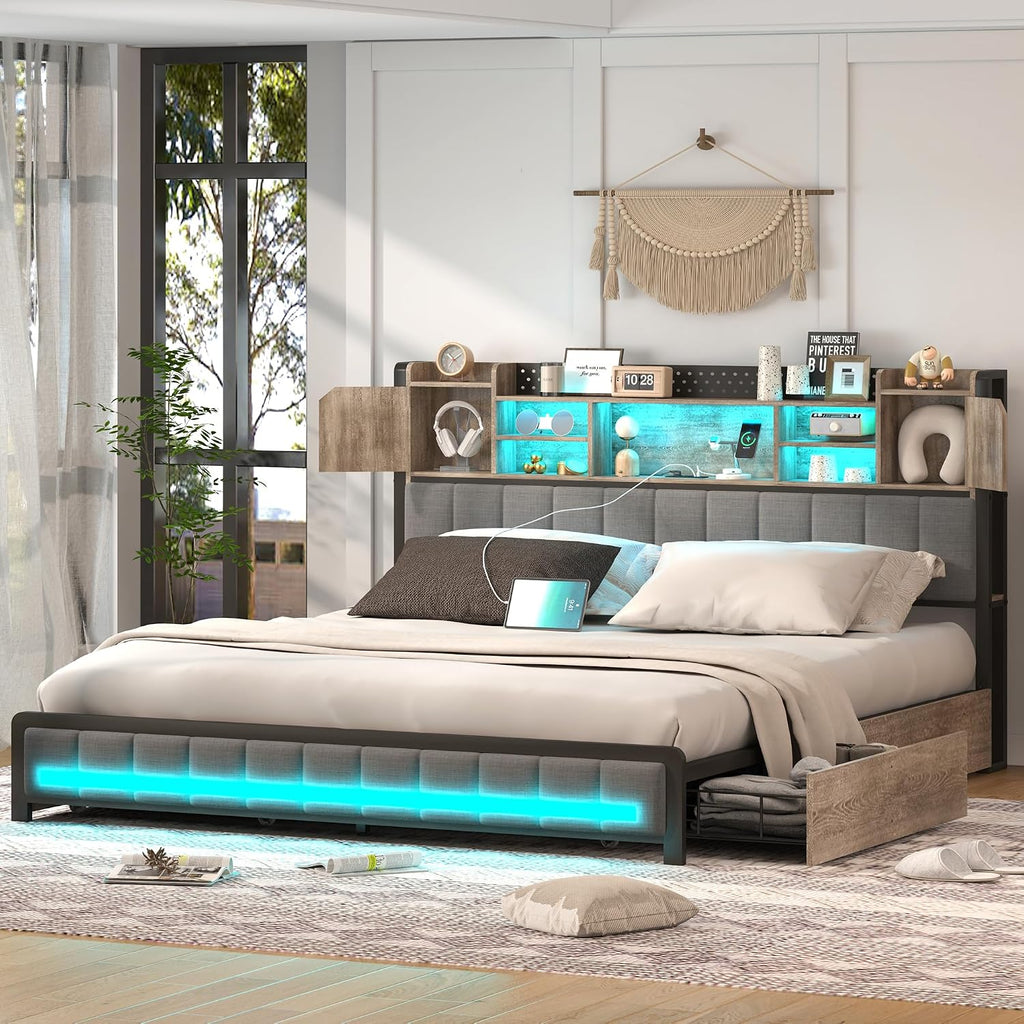 CSZZD Queen Bed Frame with 4 Storage Drawers and Bookcase Headboard, Upholstered Bed Queen Size with USB Charging Station & LED Lights, Metal Platform Bed with Storage, No Box Spring Needed, Oak Gray