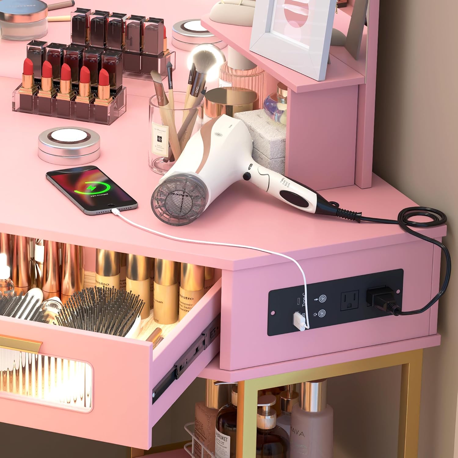 Lareth Corner Vanity Desk with 3 Way Mirror and Lights, Modern Makeup Vanity with Charging Station, Stool, 45.5' Large Bedroom Dressing Table with 2 Drawers & Shelves, Gifts for Girls Women, Pink