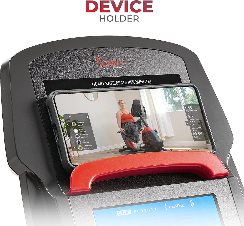 Sunny Health & Fitness Smart Recumbent Bike with Pulse Sensors, Home Cycling Workout Machine w/Cushion Seat & Mesh-Backrest, Free SunnyFit App Connection