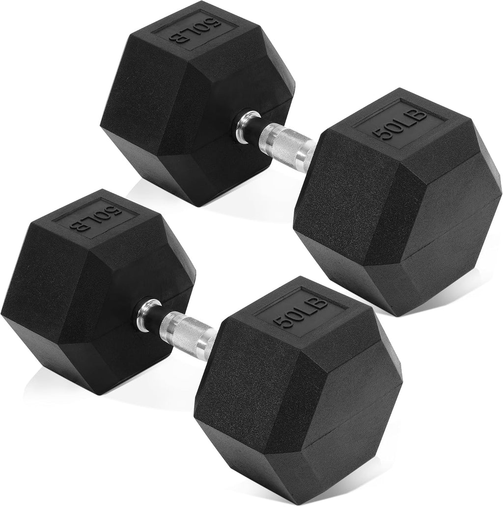 Fitvids Hex Dumbbells Rubber Coated Hand Weights for Exercises and Fitness Home Gym, 5-50 LB Pair