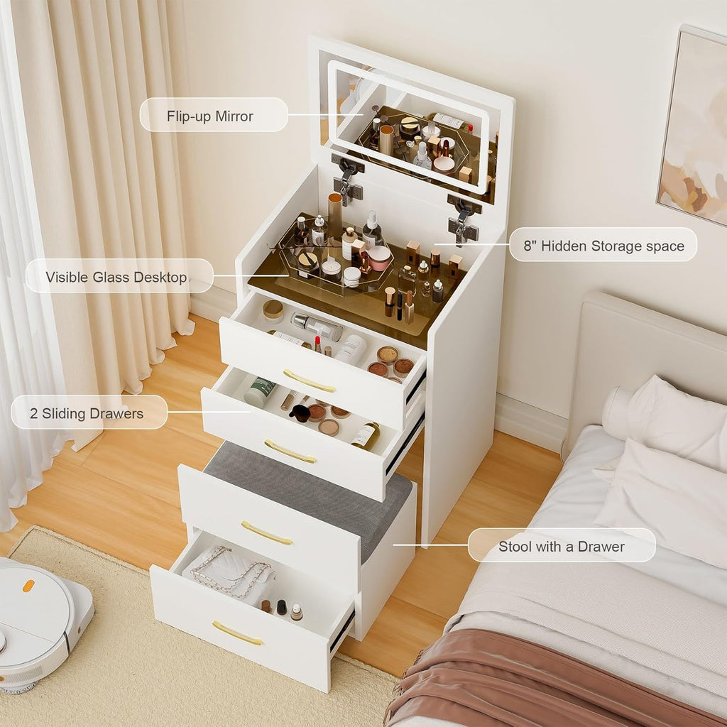 KEIKI 3 in 1 Make Up Vanity Desk with Open Top Mirror, Nesting Stool, Visible Glass Desktop & 3 Storage Drawers, 3 Lighting Color, Makeup Dresser Table or Nightstand for Bedroom, Dressing Room