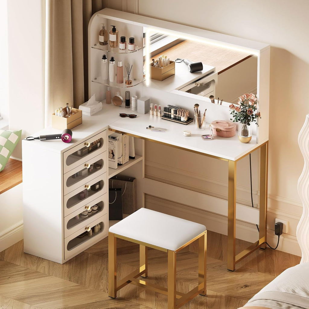 DWVO Vanity Desk with Light and Mirror, 3 Lighting Modes, L-Shaped Corner Vanity Table, 48' Large Dressing Table with 5 Tempered Glass Drawers with Open Storage Shelves