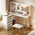 DWVO Vanity Desk with Light and Mirror, 3 Lighting Modes, L-Shaped Corner Vanity Table, 48' Large Dressing Table with 5 Tempered Glass Drawers with Open Storage Shelves