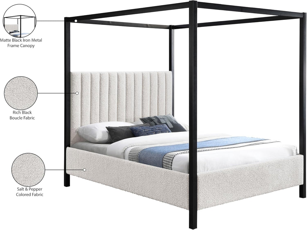 Meridian Furniture KellyCream-F Kelly Collection Modern | Contemporary Full Bed with Rich Cream Boucle Fabric, Matte Black Iron Metal Frame Canopy, 57' W x 80' D x 77' H, Cream, Full