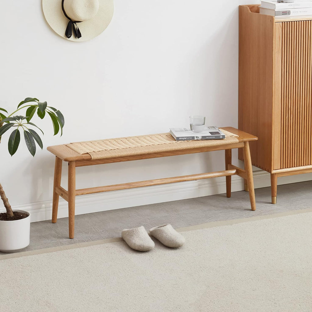 100% Solid Oak Wood Dining Bench, Hand Woven Dining Bench with Trapezoid Leg, Boho Otoman Footrest for Living Room Kitchen Entryway
