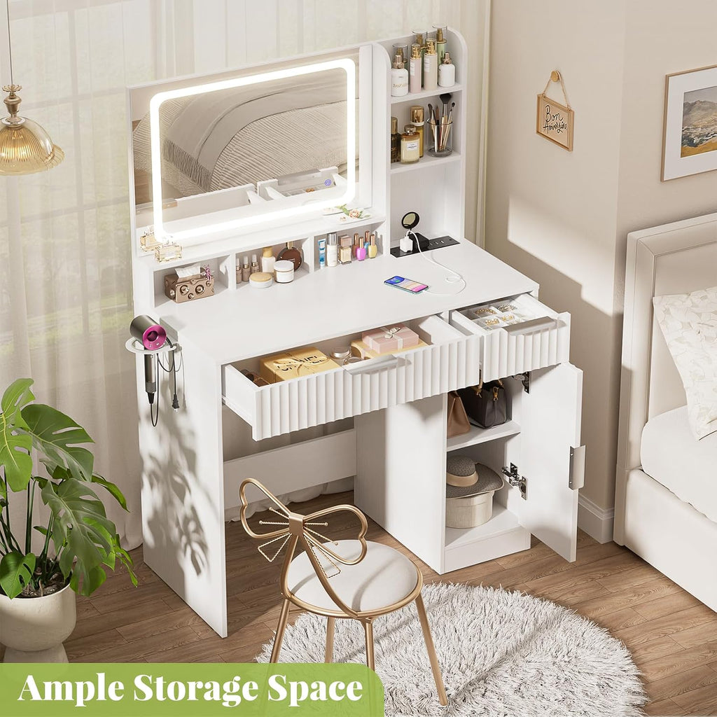 Cyclysio Fluted Vanity Desk with Mirror and Lights, Wood Makeup Vanity Desk with Power Strips, Modern Dressing Table with Drawers & Cabinet for Bedroom, White