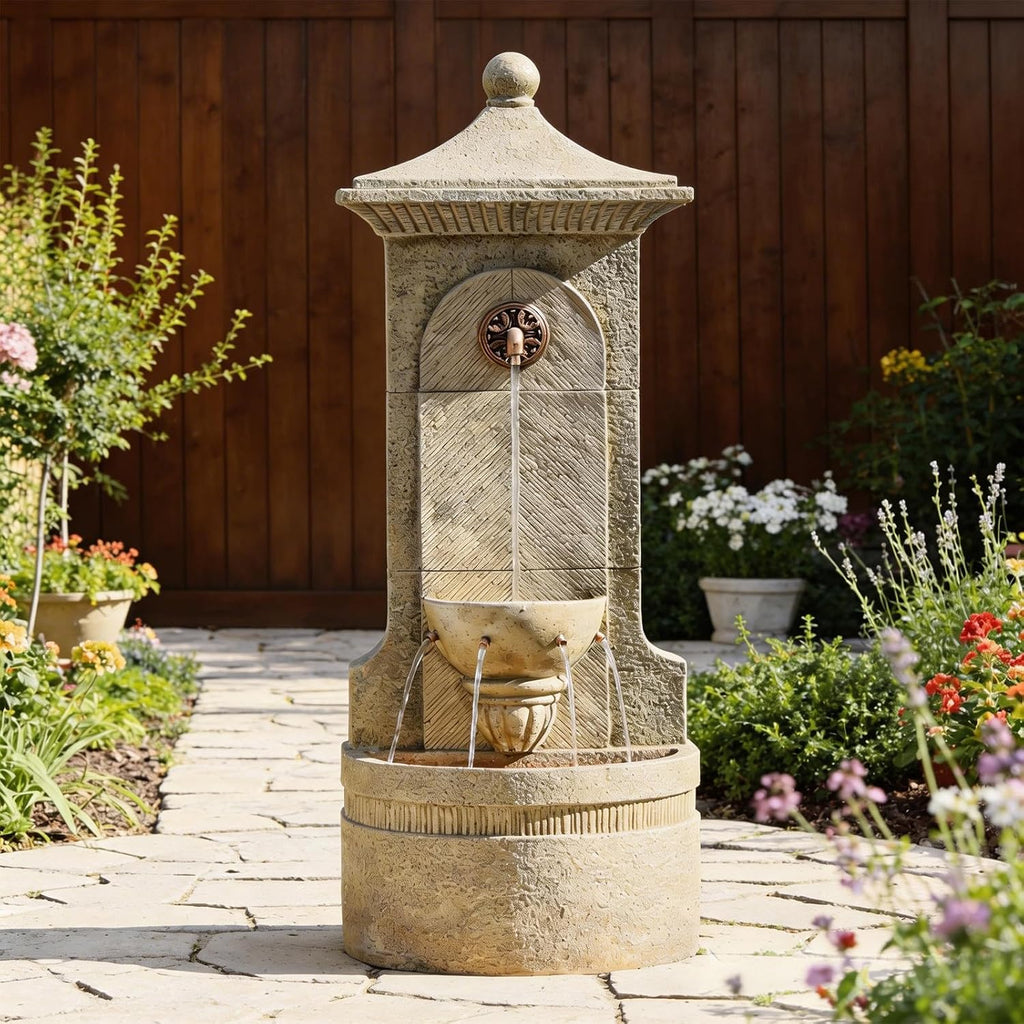 Outdoor Wall Fountain with LED Lights, 42.91' H Freestanding Garden Water Fountain, Large Floor Standing Patio Waterfall Feature, European Resin Flat Back Yard Courtyard Porch Déco