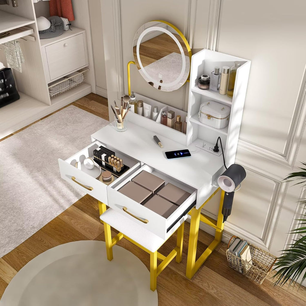 Makeup Vanity with LED Lights&3 Color and Power Outlet Makeup Vanity Table with 2 Big Drawers with Sturdy Metal Leg and Metal Chair Dressing Table for Bedroom Dressing Room