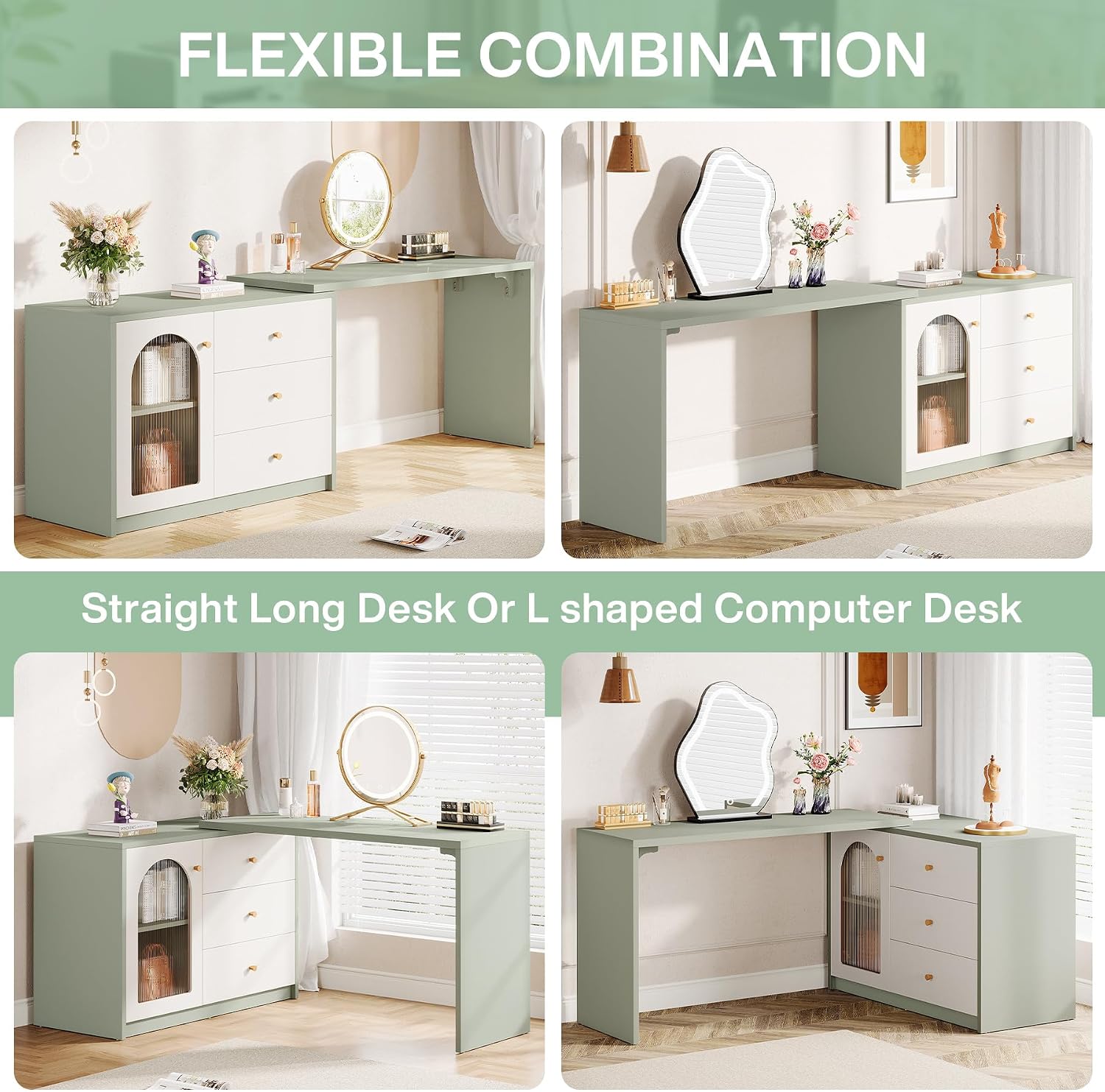 Tribesigns Modern Makeup Vanity, Retractable Large Vanity Desk with 3 Drawers and Cabinet, Makeup Corner Dressing Table for Bedroom, Light Green and White (Without Mirror)