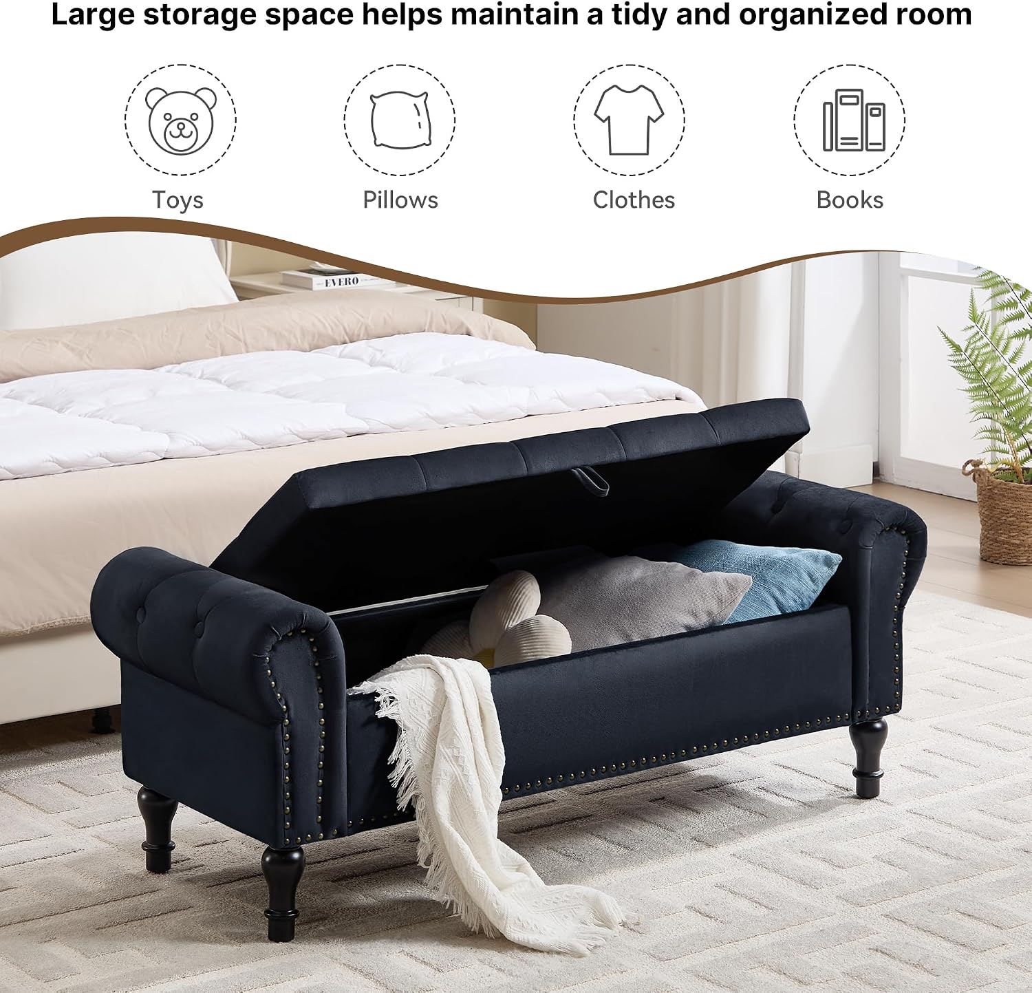 Storage Bench for Bedroom, 51' Upholstered End of Bed Bench, Velvet Queen Size Benches with Rolled Arms, Tufted Button Storage Long Ottoman, Living Room, Entryway, Black