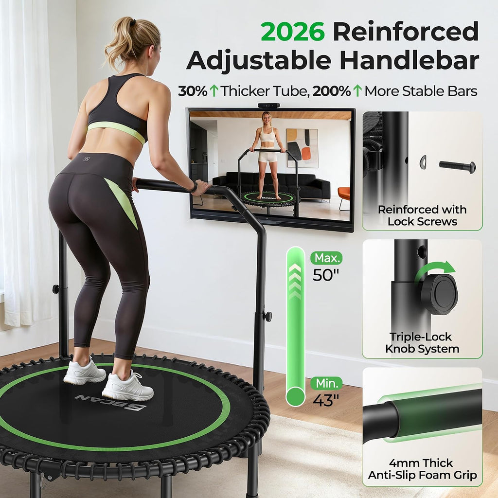 BCAN BT2 450/550LBS Mini Rebounder Trampoline for Adults with Bar, Fitness Trampoline with Bungees, Adjustable Handle, Stable & Quiet, Indoor Outdoor, Whole-Body Workout & Relaxation at Home-40IN/48IN