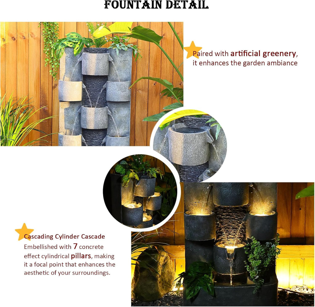 Tankana Outdoor Water Fountain Garden - Waterfall Large Water Feature Fountains with LED Lights & Pump, Concrete Artistry for Patio Yard Pool Home Decor, (45 inches Tall, Gray)