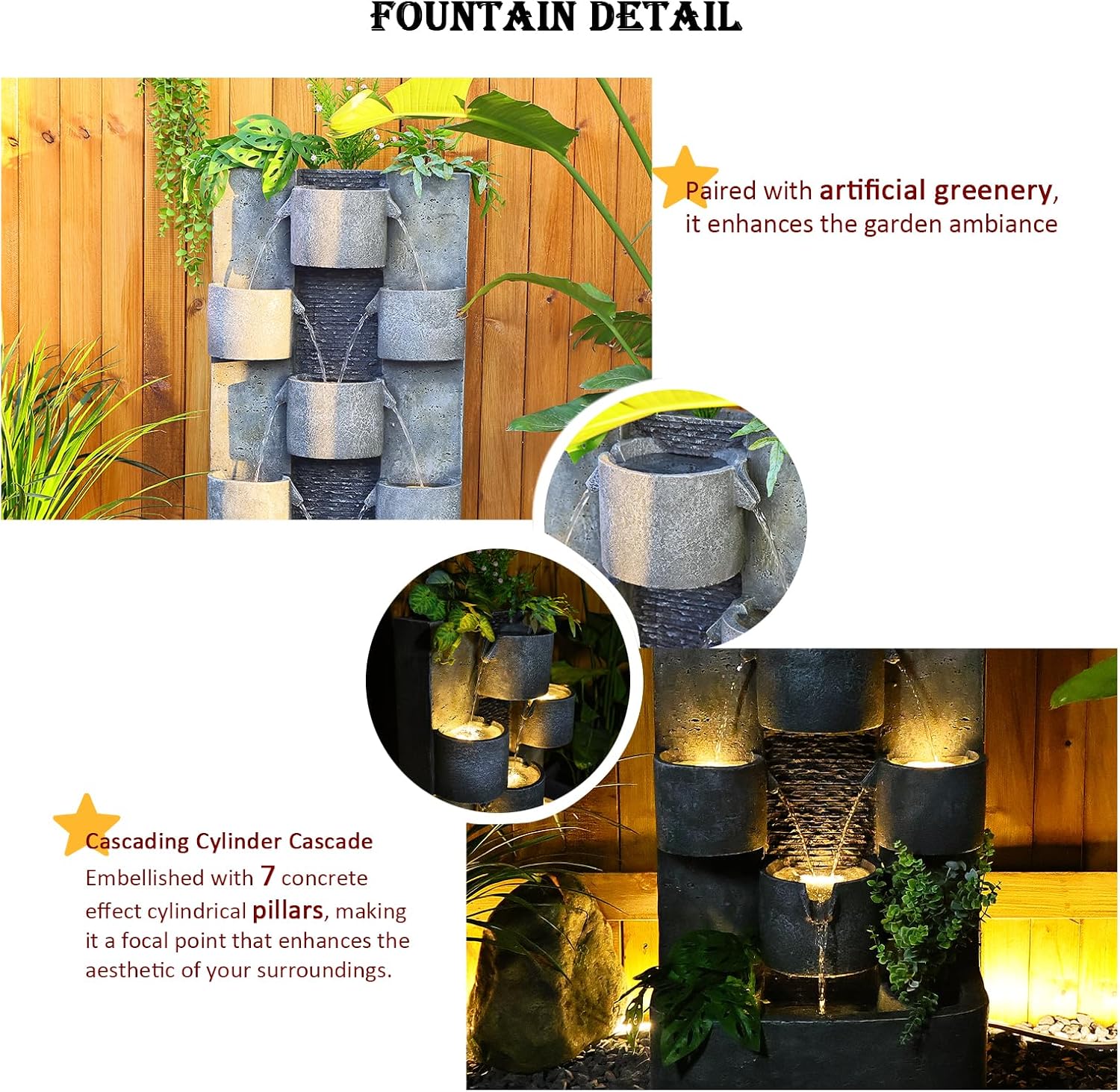 Tankana Outdoor Water Fountain Garden - Waterfall Large Water Feature Fountains with LED Lights & Pump, Concrete Artistry for Patio Yard Pool Home Decor, (45 inches Tall, Gray)