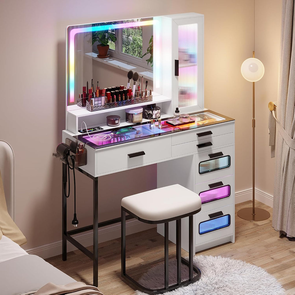 HENBC Vanity with Mirror and LED Lights, Glass Top Vanity Desk with Charging Station(Wireless+USB+Type-C), RGB Makeup Table Set with Stool/Makeup Organizer/6 Drawers for Bedroom,White