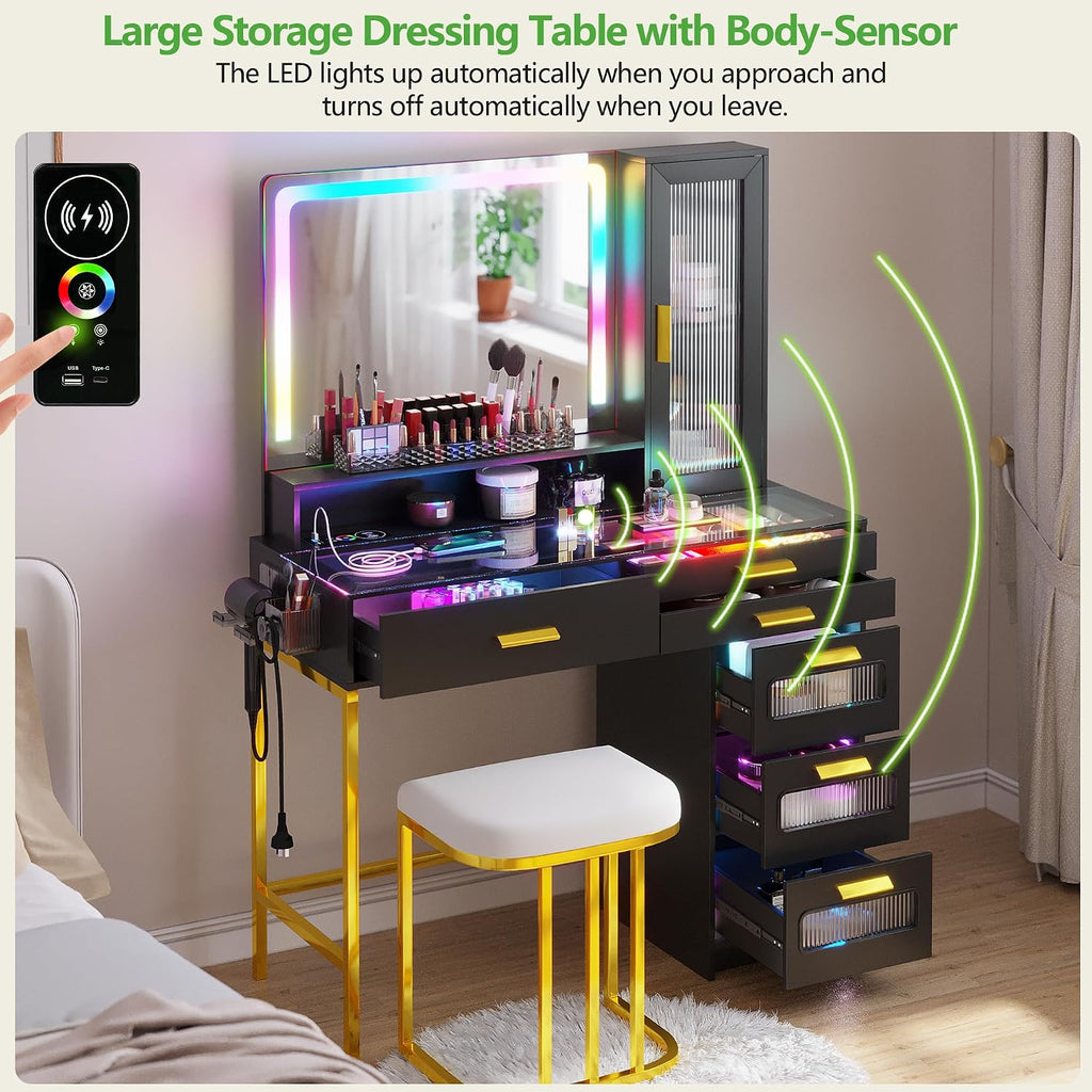 HENBC Vanity with Mirror and LED Lights, Glass Top Vanity Desk with Charging Station(Wireless+USB+Type-C), RGB Makeup Table Set with Stool/Makeup Organizer/6 Drawers for Bedroom,Black