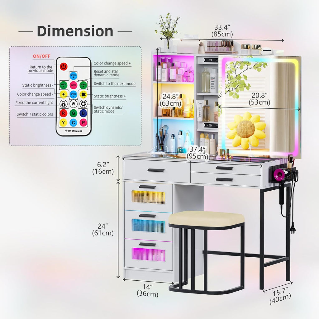 RGB Vanity Desk with Sliding Mirror and Lights,Makeup Vanity with Charging Station,LED Vanity Table with Glass Top,Girls Vanities Dressing Table Set with Stool&6 Drawers for Bedroom(White