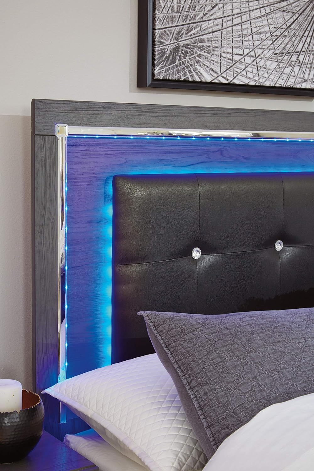 Signature Design by Ashley Lodanna Glam Faux Leather Panel Headboard with LED Lights ONLY, King & California King, Gray