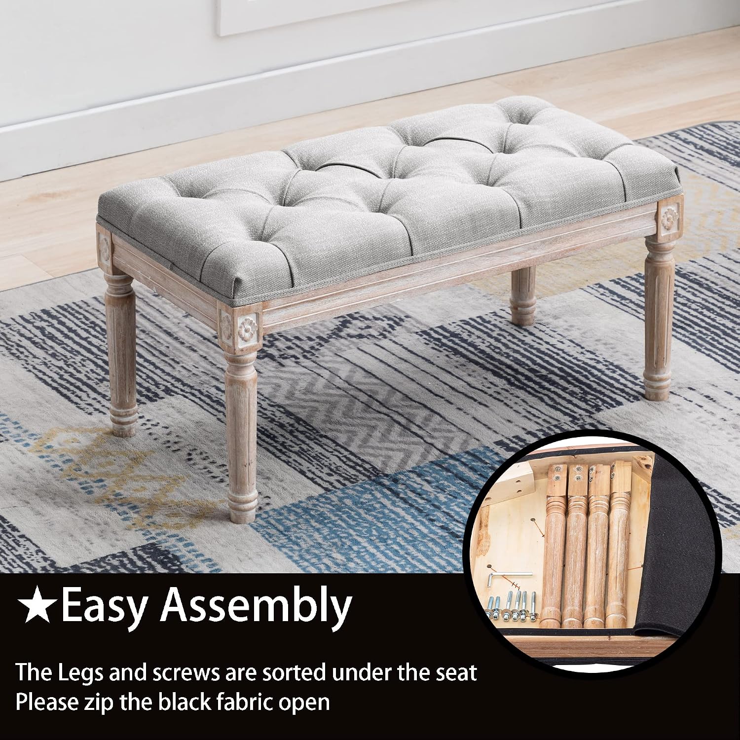 Ottoman Bench Upholstered Fabric Rectangle Entryway Bench, Tufted Piano Bench for 2 People, Rubber Wood Legs with Beautiful Carved Pattern for Bedroom/Living Room/Dining Room (Grey)