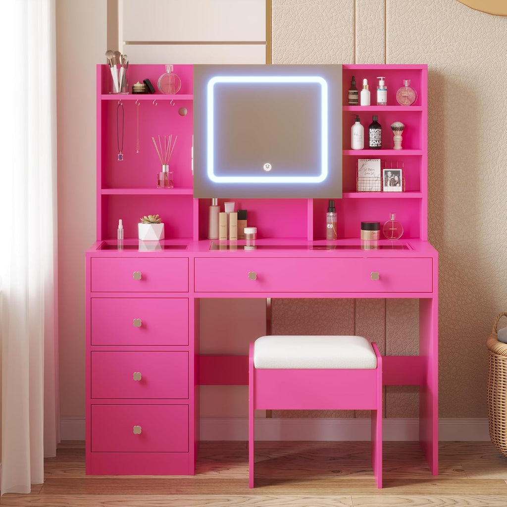 Karl home Makeup Vanity with Lighted Mirror Bedroom Vanity Desk with Charging Station Large Vanity Set with Transparent Desk, Drawers, Cabinet, Shelves for Storage in Bedroom, Pink