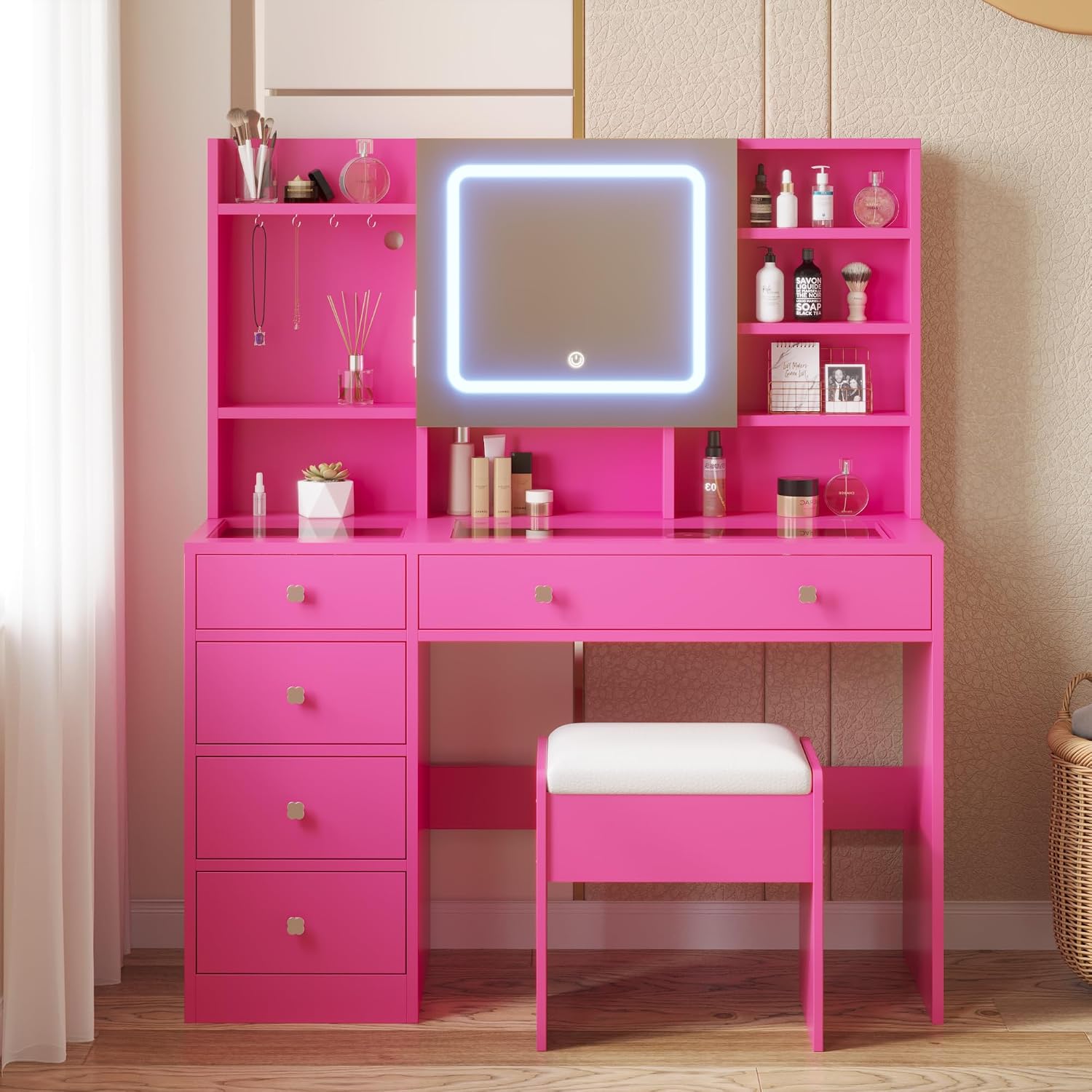 Karl home Makeup Vanity with Lighted Mirror Bedroom Vanity Desk with Charging Station Large Vanity Set with Transparent Desk, Drawers, Cabinet, Shelves for Storage in Bedroom, Pink