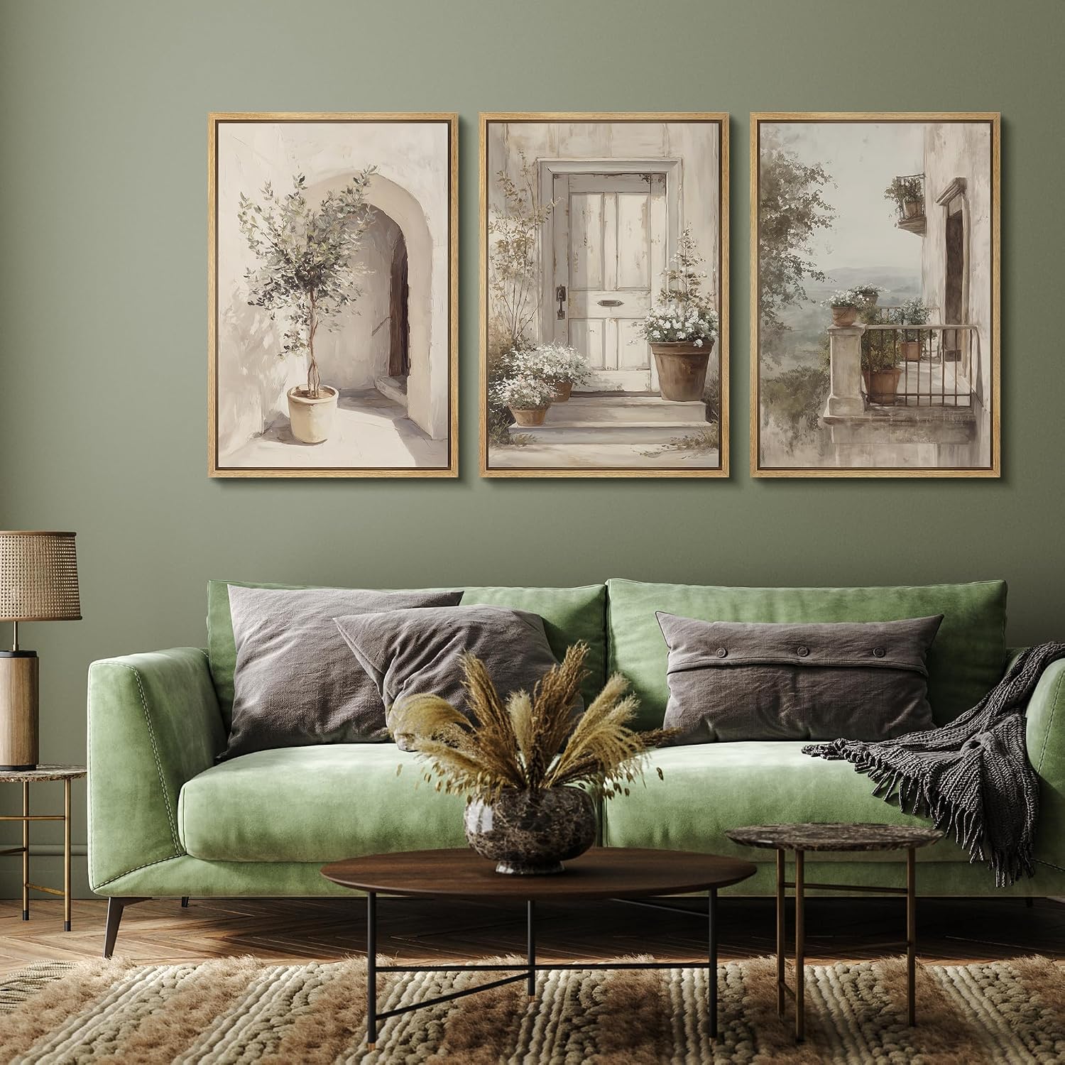 wall26 Framed Canvas Print Wall Art Set Mediterranean Courtyard with Olive Trees and Sunlit Doorway Illustrations Modern Art Decorative Multicolor for Living Room, Bedroom, Office - 16'x24'x3 NATURAL
