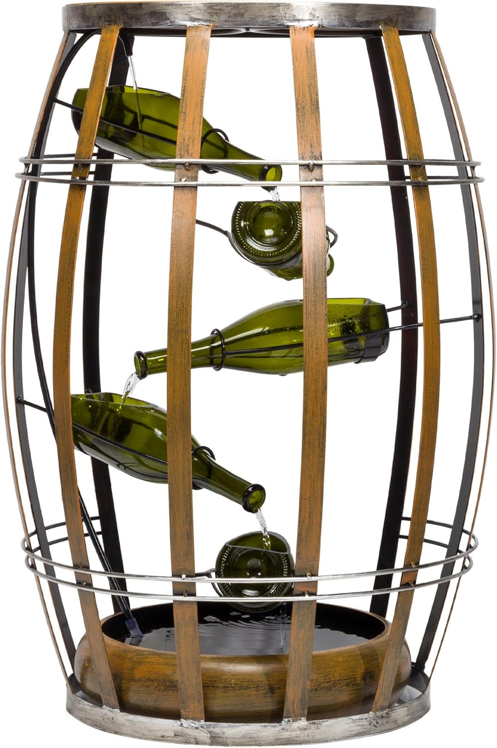 Alpine Corporation IPS246 31' Rustic Wine Barrel Metal Tiered Fountain with LED Lights, Indoor Cascading Water Feature for Home, Wine Bar & Living Room Décor, Brown
