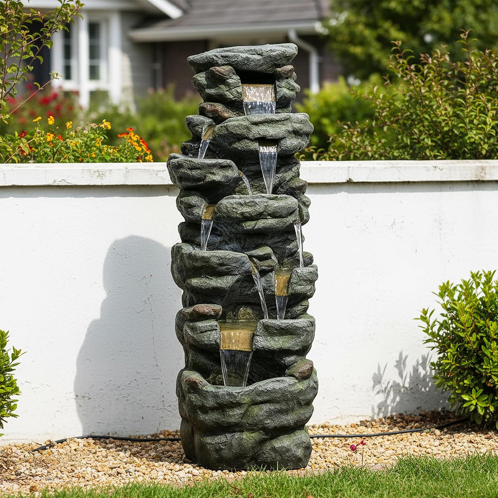 Naturefalls 51' Extra Large Outdoor Water Fountain - Waterfall Fountain with 7 LED Lights, 7-Tiers Cascading, Poly-Resin Indoor and Outdoor Fountain for Garden, Patio, Backyard, Lawn, Yard Decor
