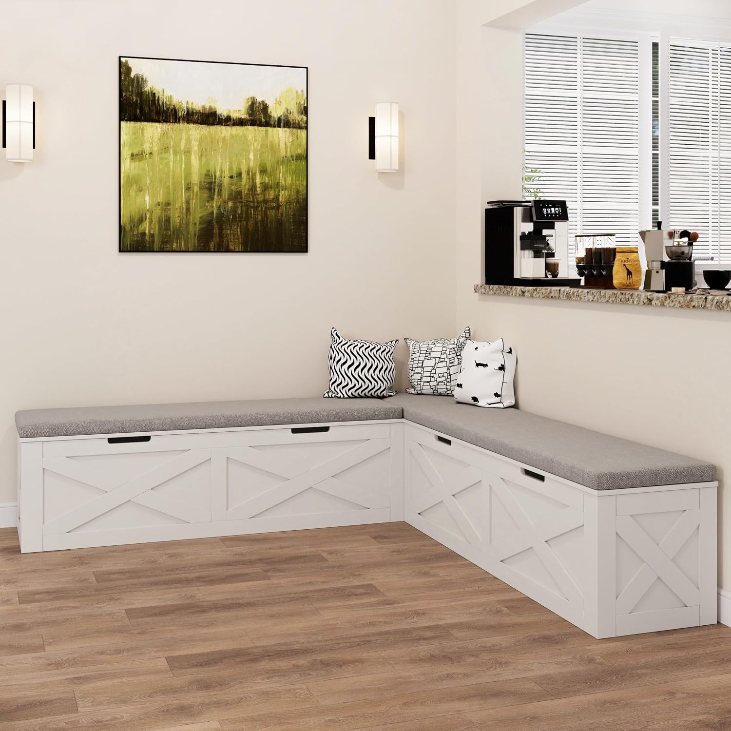 Breakfast Nook Bench,L-Shaped Corner Stool with Cushion,Dining Bench with Storage Suitable for Dining Room, Cafes, Living Room,Handle-Less White