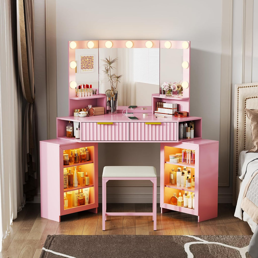 Vanity Desk with Charging Station & LED Lights Mirror – Corner Design HD Triple Mirror Makeup Vanity Table Set with Storage Drawers & Chair for Living Room/Bedroom Ideal Gift (Pink)