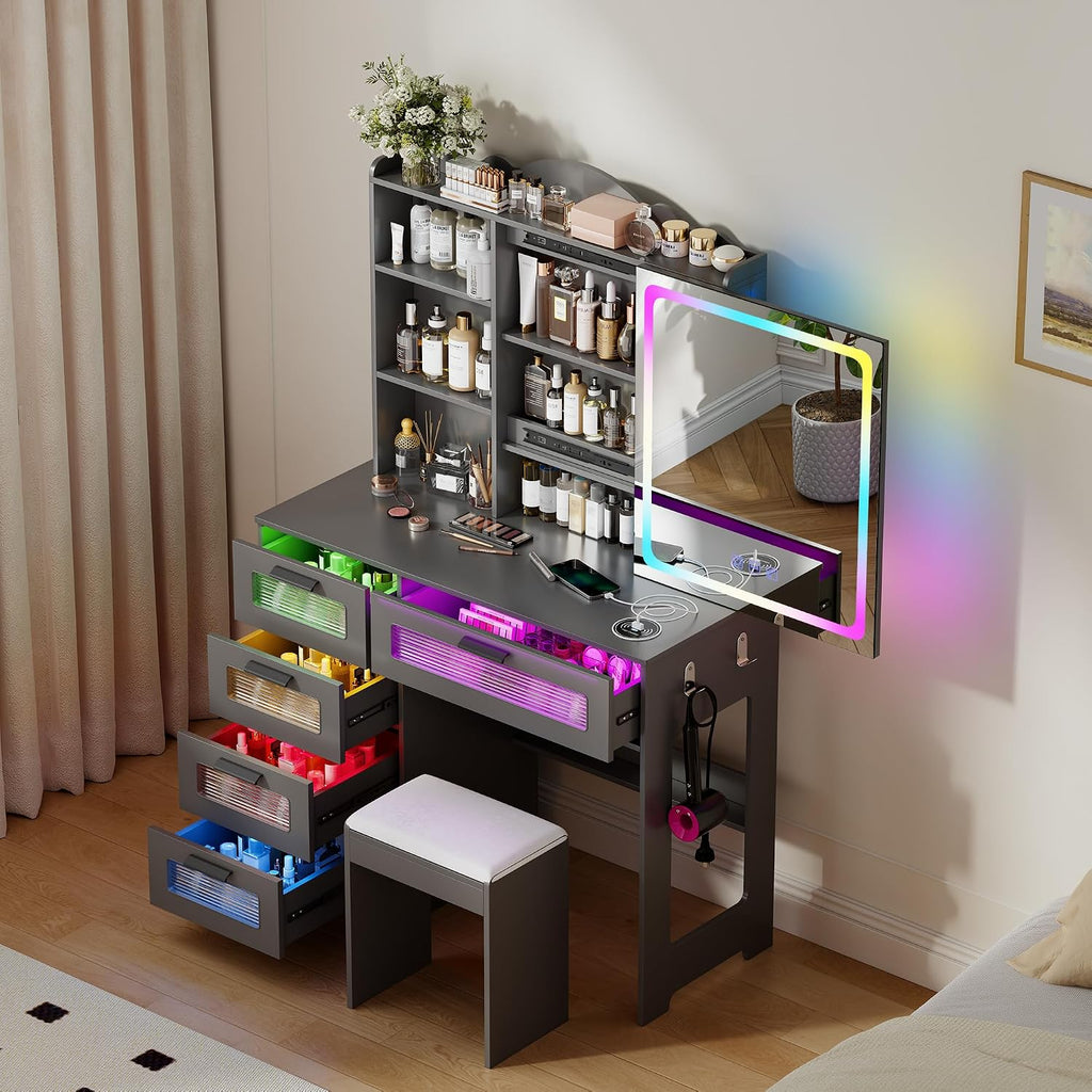 Vanity Desk with Mirror and Adjustable RGB Lights,Large 6 Drawers Makeup Table with Charging Station for Women and Girls, Bedroom or Dorm,Grey