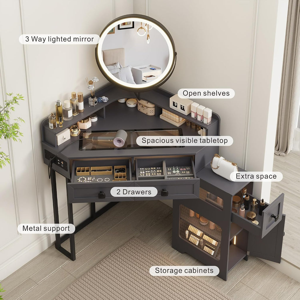 Corner Vanity Desk with Mirror and Lights, Modern Makeup Vanity with Charging Station & Human Sensor Light, Glass Top Dressing Table with 4 Drawers & Shelves for Bedroom (Grey)