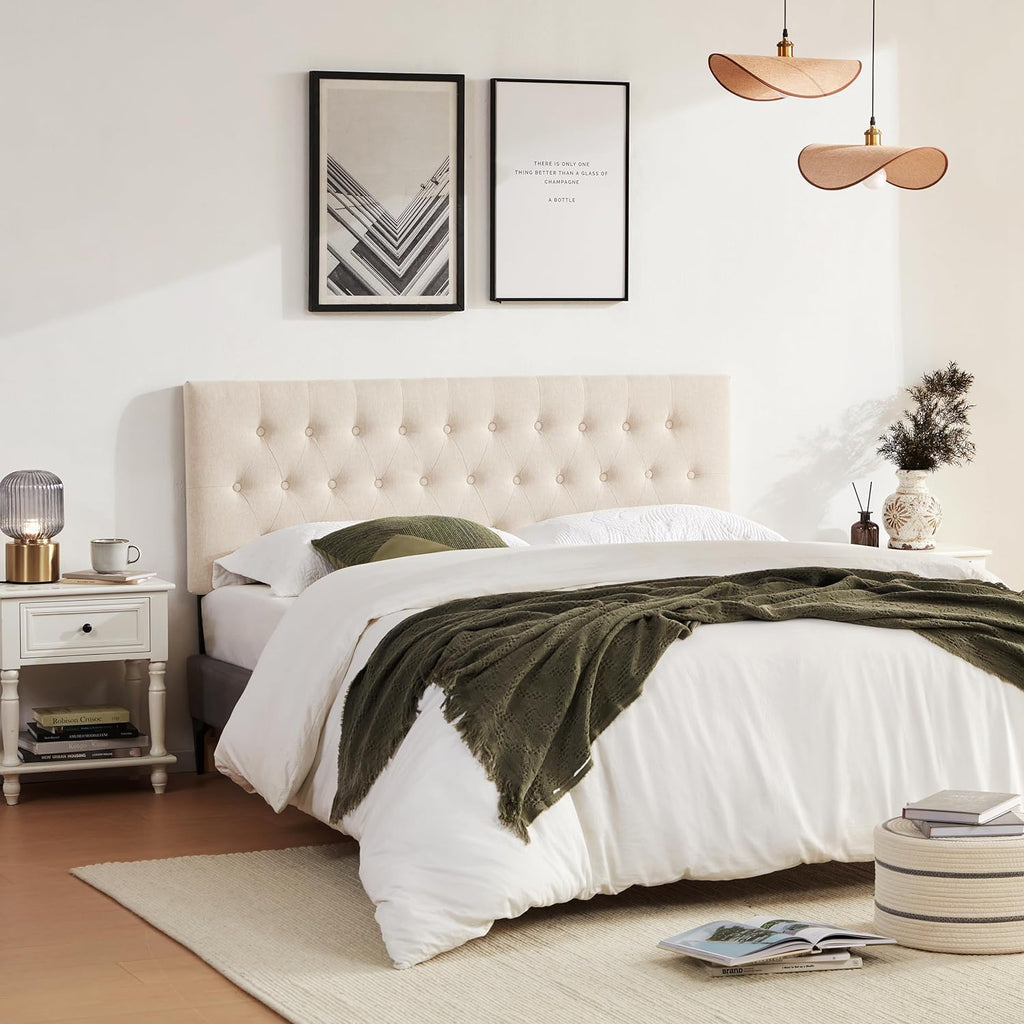 Huatean Home Tufted Upholstered Headboard King Size, Solid Wood Head Board with Durable Metal Legs, Adjustable Height Bed headboard from 37' to 51' Fabric Headboard in Modern Button Design, Beige