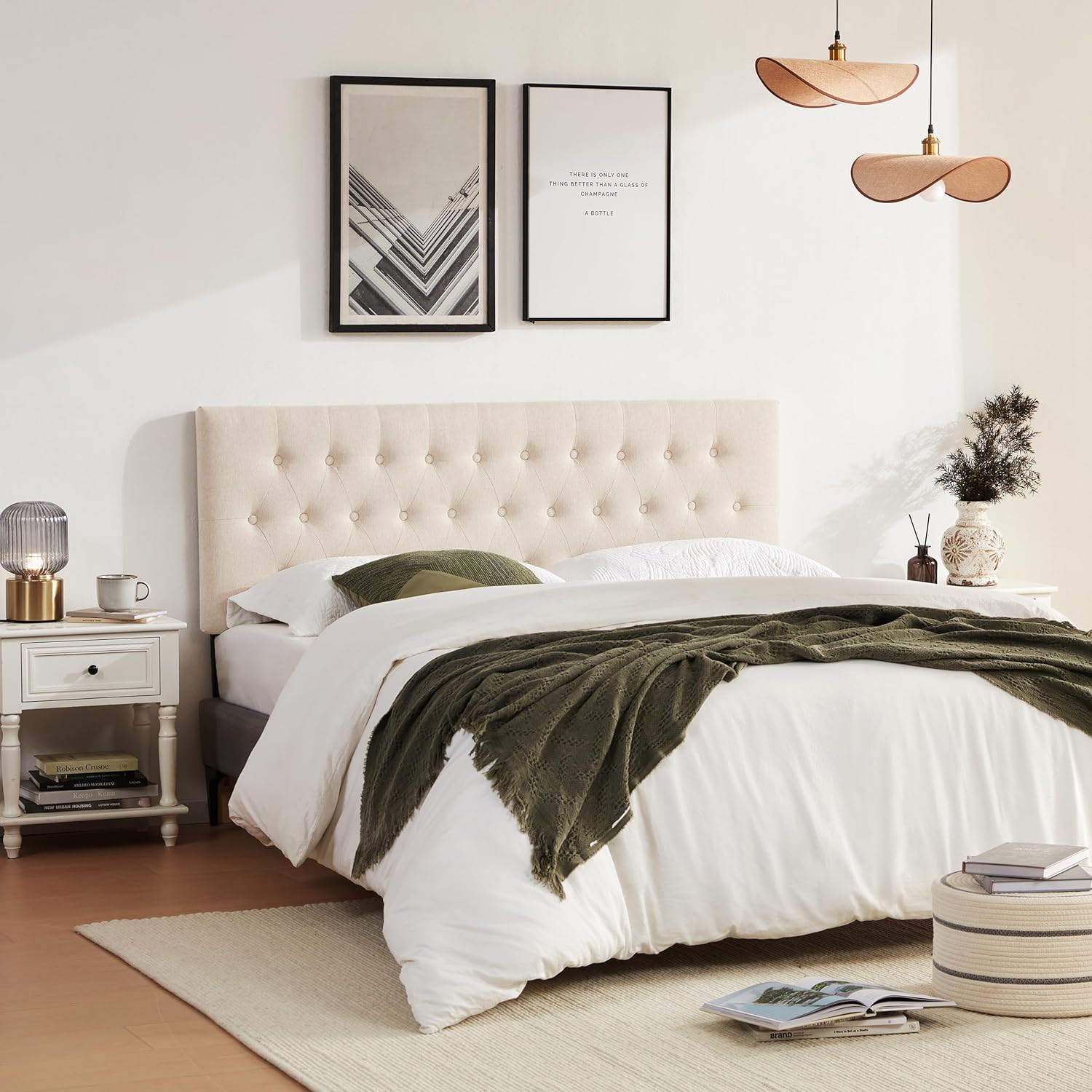 Huatean Home Tufted Upholstered Headboard King Size, Solid Wood Head Board with Durable Metal Legs, Adjustable Height Bed headboard from 37' to 51' Fabric Headboard in Modern Button Design, Beige