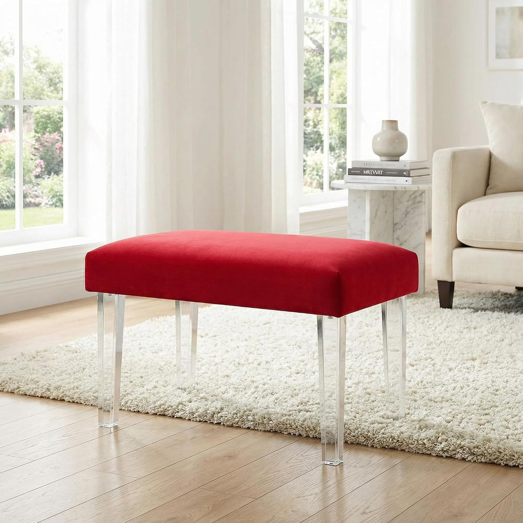 Cortesi Home Whitecrest Bench Ottoman with Clear Acrylic Legs 24' Wide Red Velvet