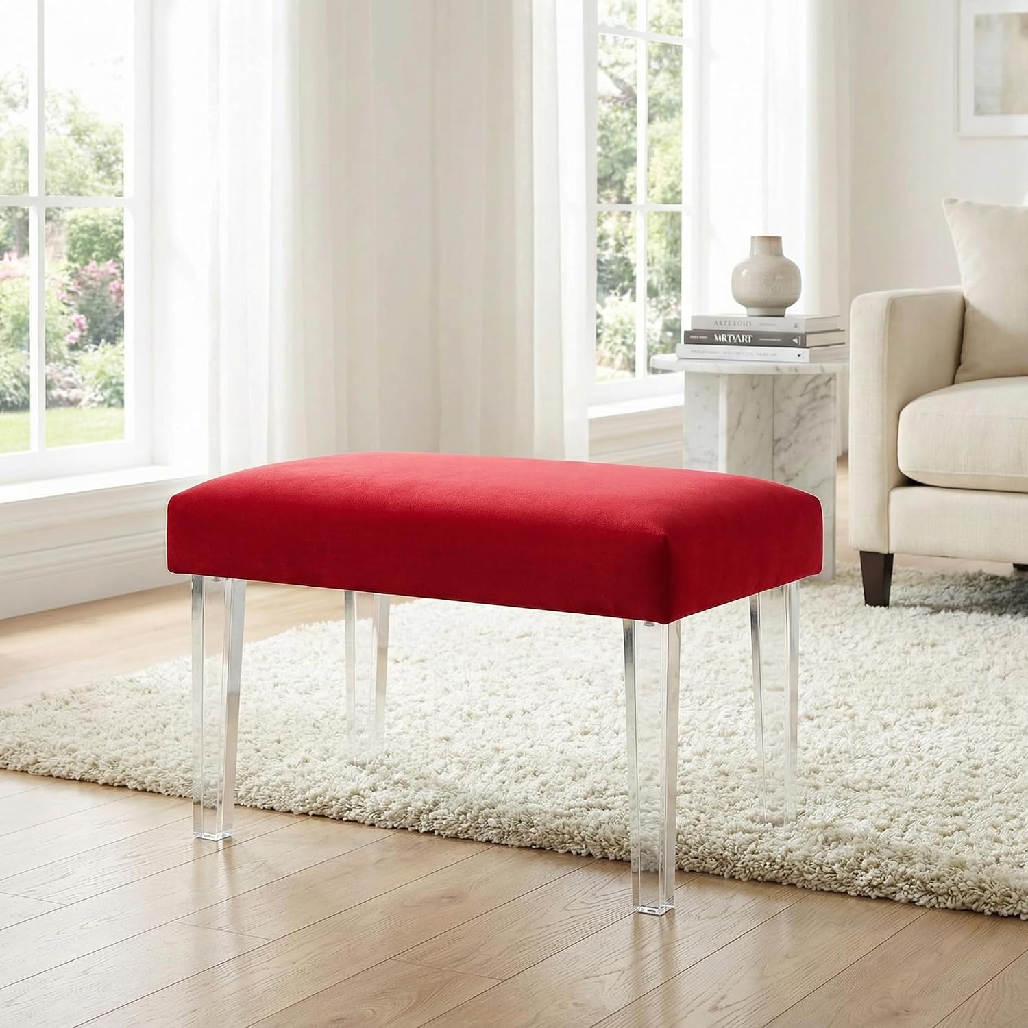 Cortesi Home Whitecrest Bench Ottoman with Clear Acrylic Legs 24' Wide Red Velvet