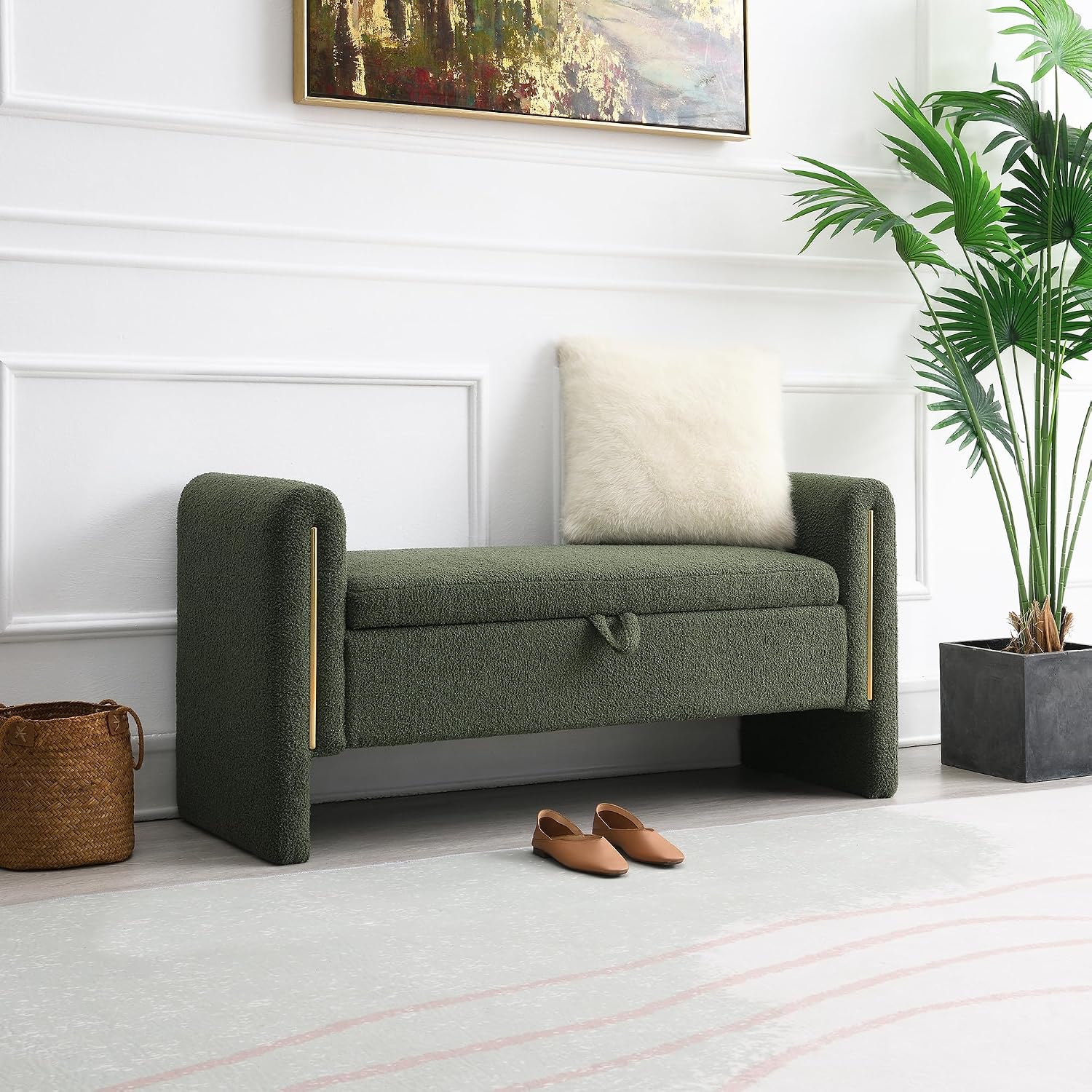 JIJIWANG Modern Bed End Bench with Arms and Storage, Upholstered Bed Bench Entryway Bench Ottoman Comfy Window Vanity Bench Footstool for Living Room,Bedroom,Olive Green